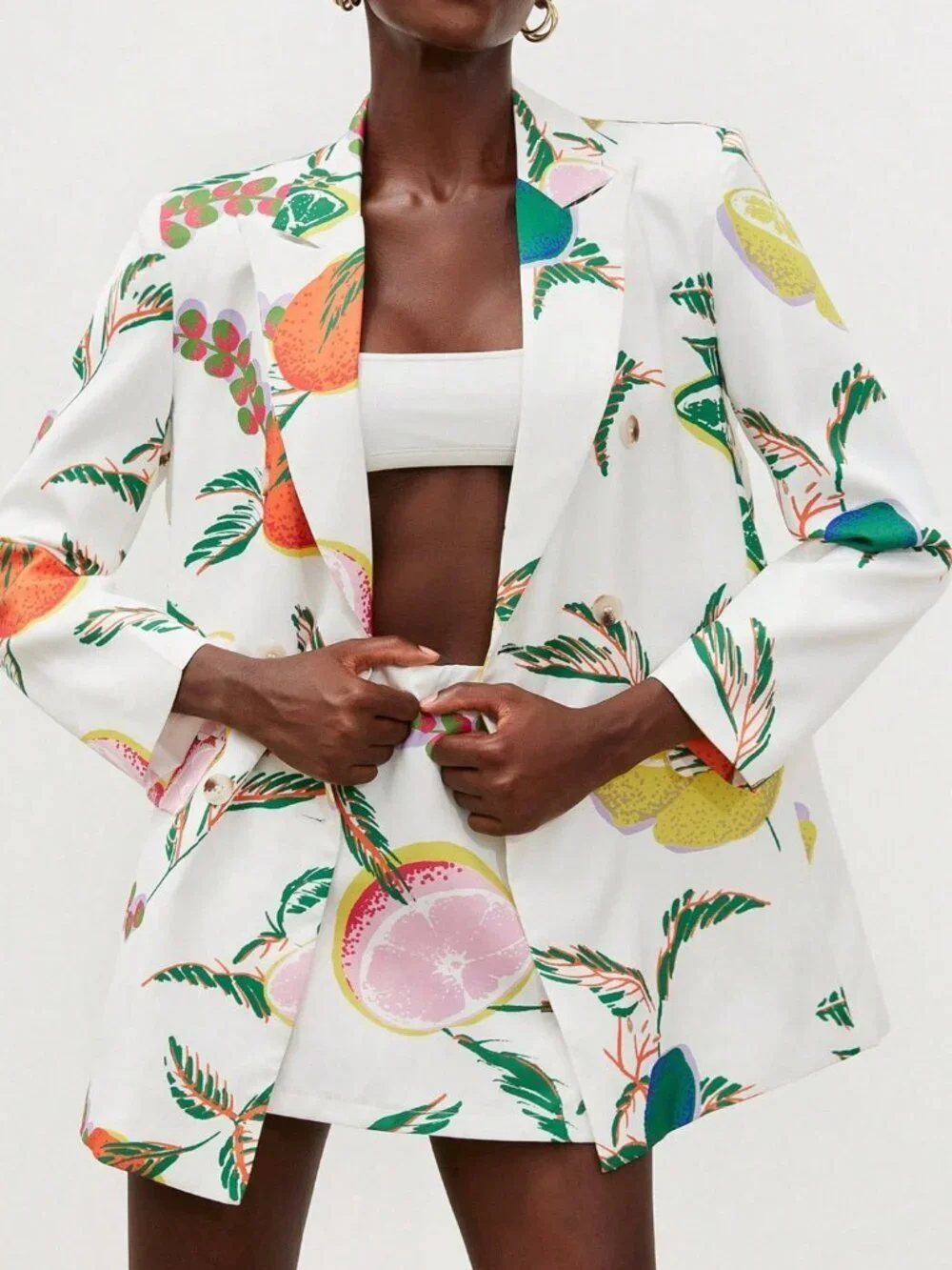 Multicolor Casual Women's Tropical Fruit Print Oversized Suit Jacket & Skort Set